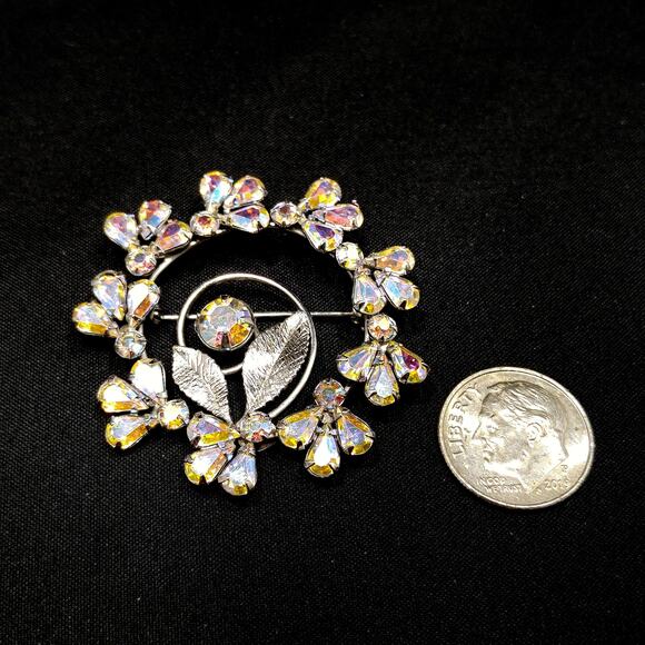 Vintage Sterling Silver Rhinestone Wreath Brooch, AB Rhinestones - Picture 7 of 10